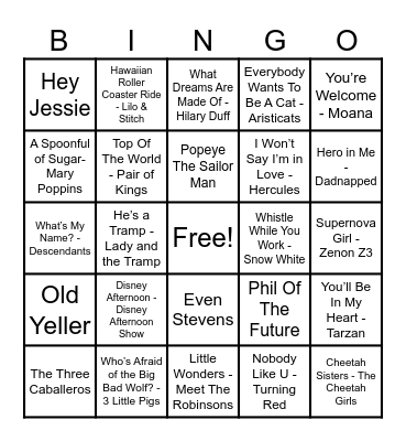 Disney Hits! Bingo Card