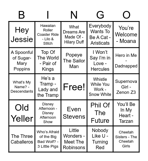 Disney Hits! Bingo Card