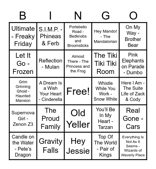 Disney Hits! Bingo Card