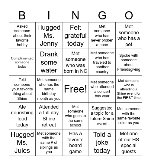 Shine Teens Bingo Card