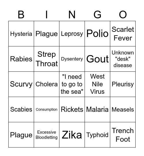 Nick's Illnesses Bingo Card