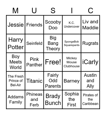 Theme Song Bingo Card