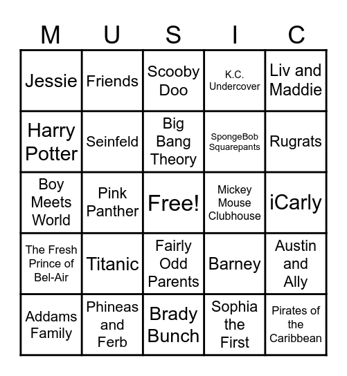 Theme Song Bingo Card