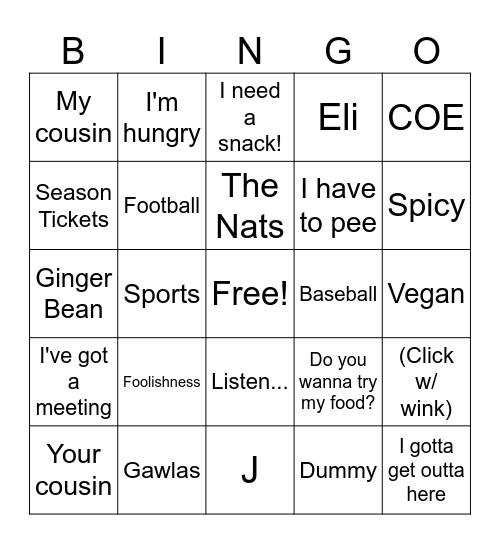 Angie Bingo Card