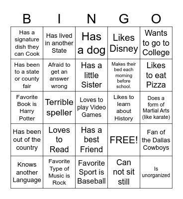 Getting to know me Bingo Card