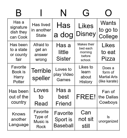 Getting to know me Bingo Card