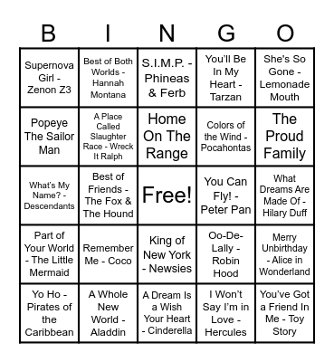 Disney Hits! Bingo Card