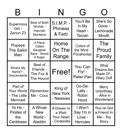 Disney Hits! Bingo Card