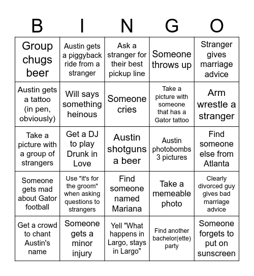 Austin's Bachelor Party Bingo Card