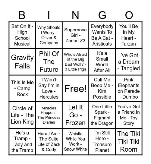 Disney Hits! Bingo Card