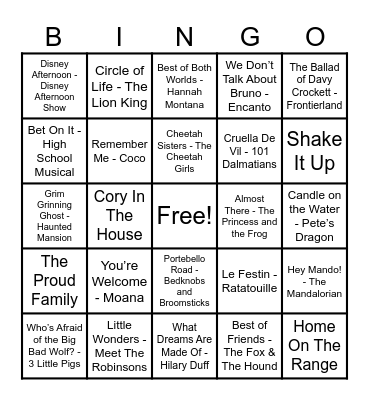 Disney Hits! Bingo Card