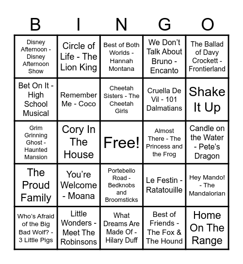 Disney Hits! Bingo Card