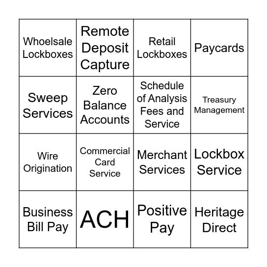 Treasury Management Bingo Card