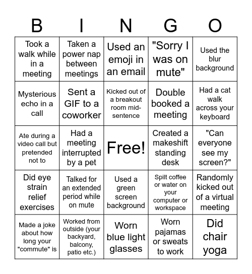 Remote Work Bingo Card