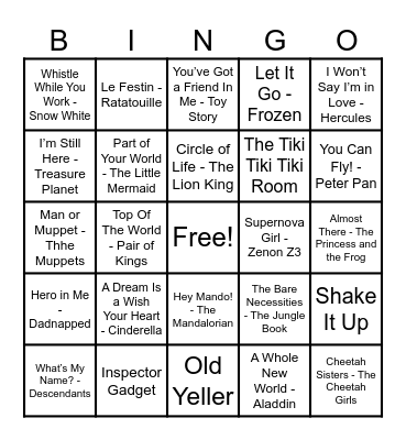 Disney Hits! Bingo Card