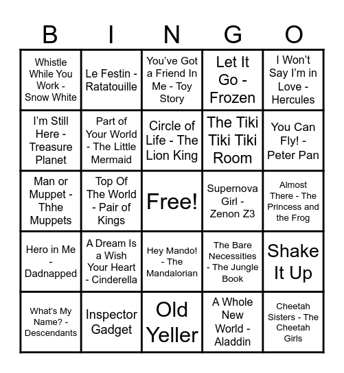 Disney Hits! Bingo Card