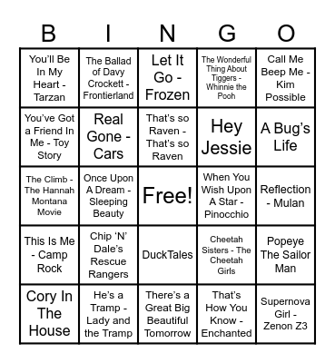 Disney Hits! Bingo Card