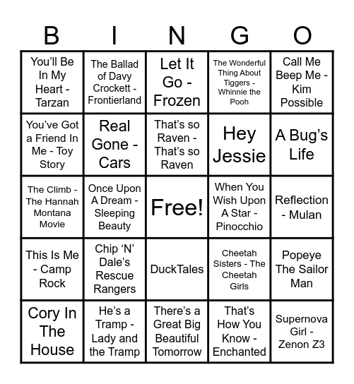 Disney Hits! Bingo Card