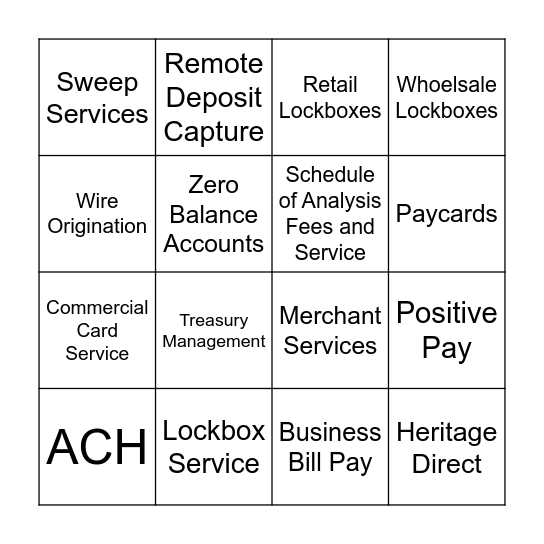 Treasury Management Bingo Card