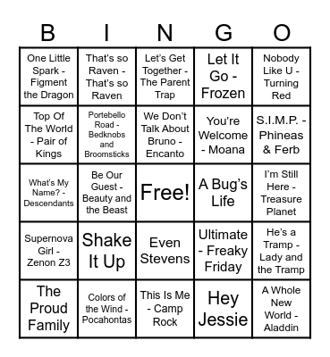 Disney Hits! Bingo Card