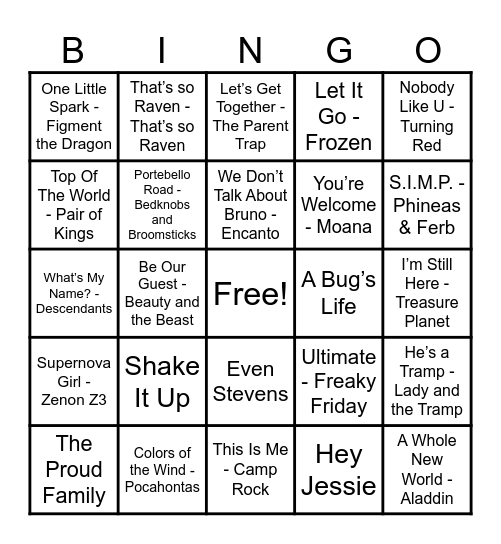 Disney Hits! Bingo Card