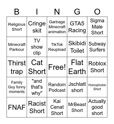 YouTube Shorts Bingo Card