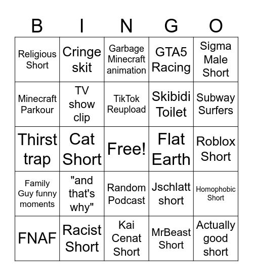 YouTube Shorts Bingo Card