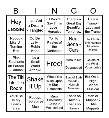 Disney Hits! Bingo Card