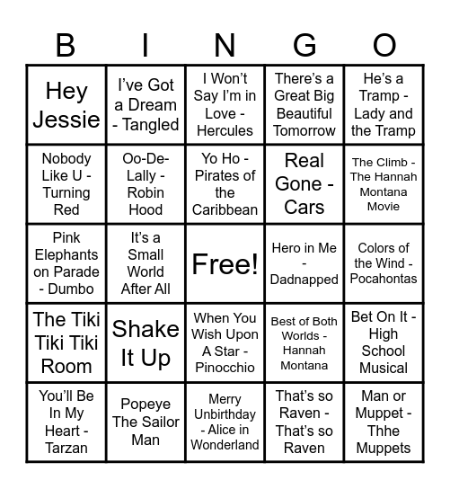 Disney Hits! Bingo Card