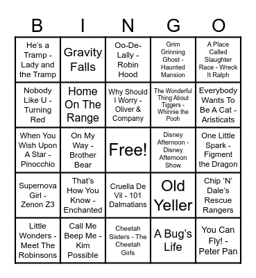 Disney Hits! Bingo Card