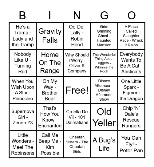 Disney Hits! Bingo Card