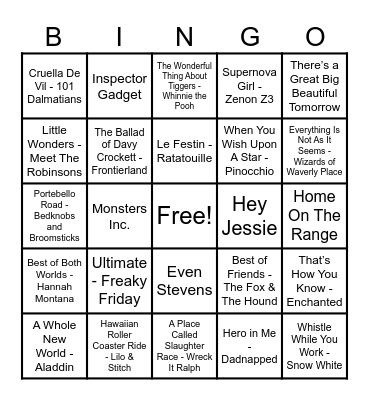 Disney Hits! Bingo Card