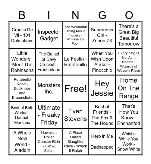 Disney Hits! Bingo Card