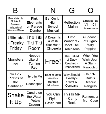 Disney Hits! Bingo Card