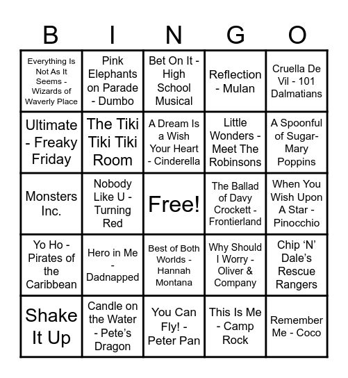 Disney Hits! Bingo Card