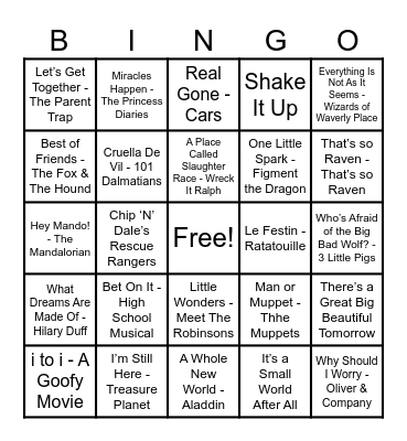 Disney Hits! Bingo Card