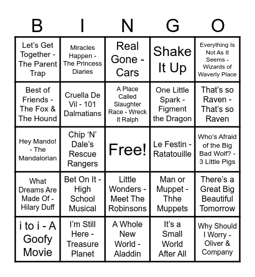 Disney Hits! Bingo Card