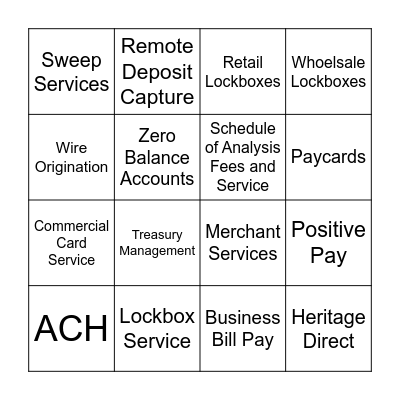 Treasury Management Bingo Card