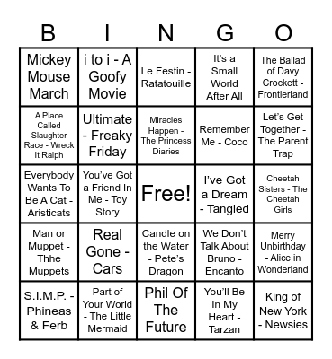 Disney Hits! Bingo Card