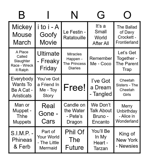 Disney Hits! Bingo Card