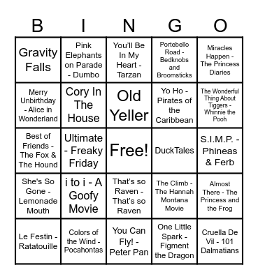 Disney Hits! Bingo Card