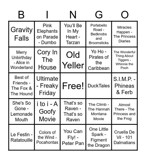 Disney Hits! Bingo Card