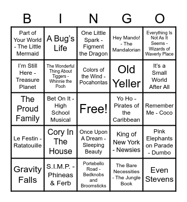 Disney Hits! Bingo Card