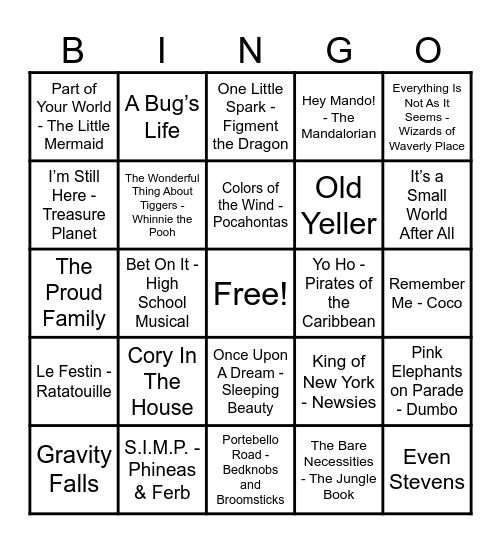 Disney Hits! Bingo Card