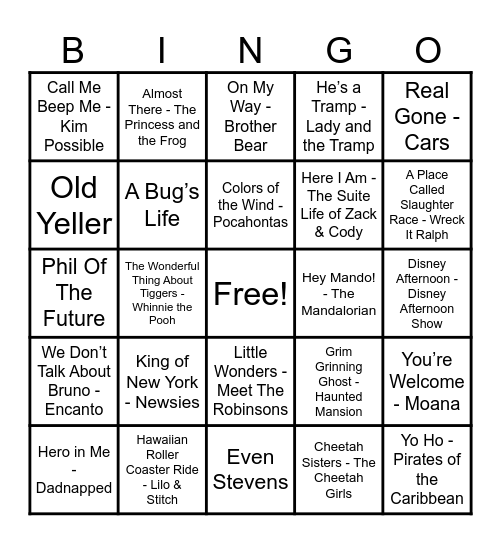 Disney Hits! Bingo Card