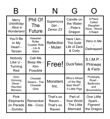 Disney Hits Bingo Card