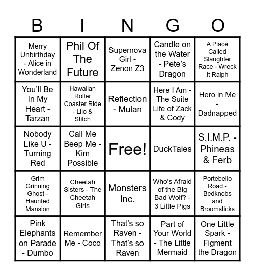 Disney Hits Bingo Card