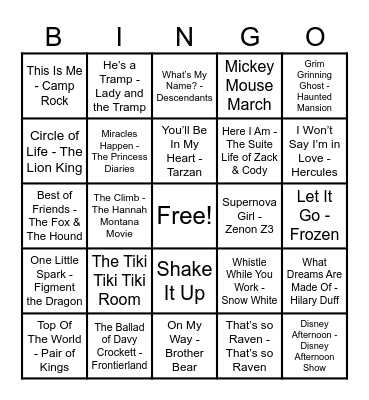 Disney Hits! Bingo Card