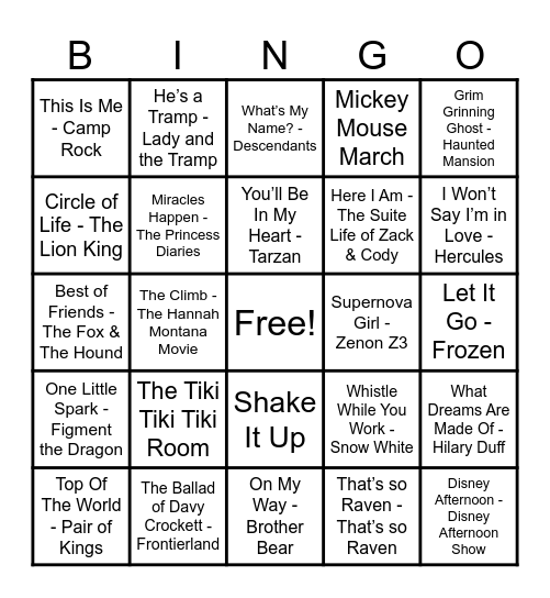 Disney Hits! Bingo Card