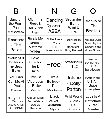 Musical Bingo: 70s/80s/90s Bingo Card